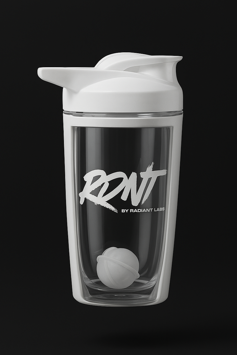 White RTN by Radiant Labs shaker bottle with white cap on a black background