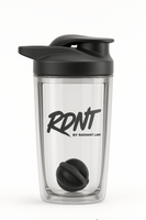 Black RTN by Radiant Labs shaker bottle with black cap on a white background