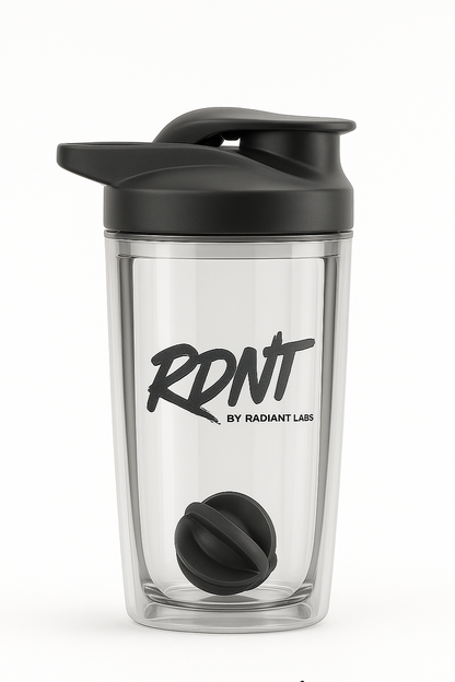 Black RTN by Radiant Labs shaker bottle with black cap on a white background
