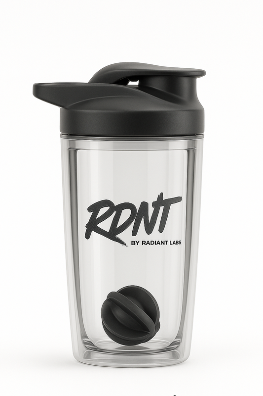 Black RTN by Radiant Labs shaker bottle with black cap on a white background