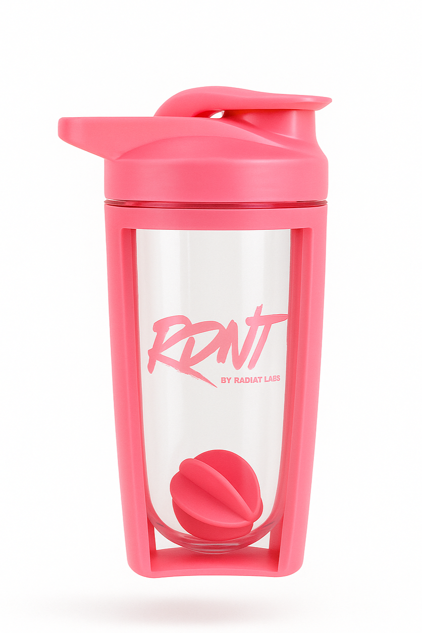 Pink RTN by Radiant Labs shaker bottle with pink cap on a white background