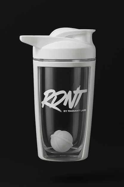 White RTN by Radiant Labs shaker bottle with white cap on a black background